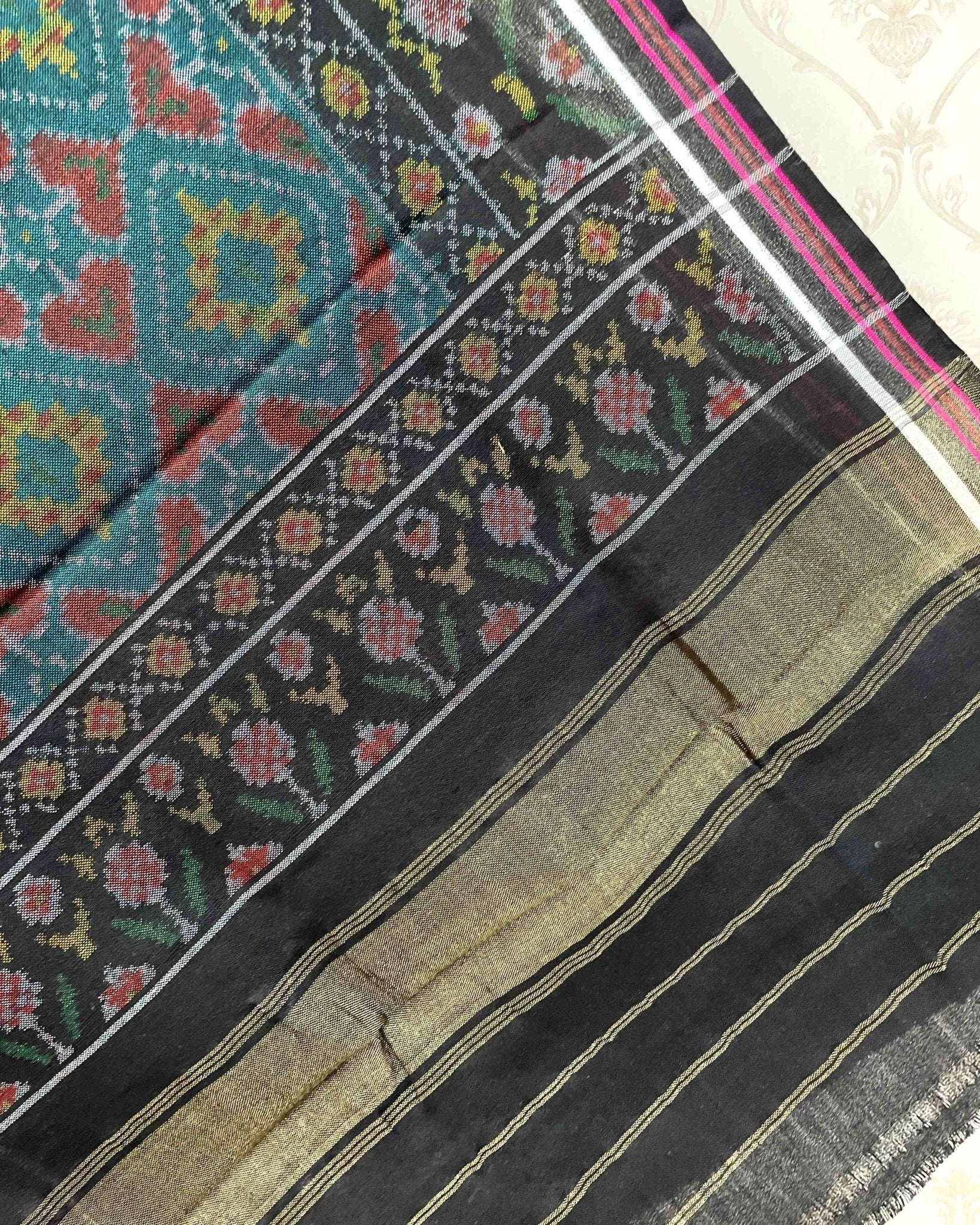 Black & Turquoise Panchanda Patola Shawl - SindhoiPatolaArt