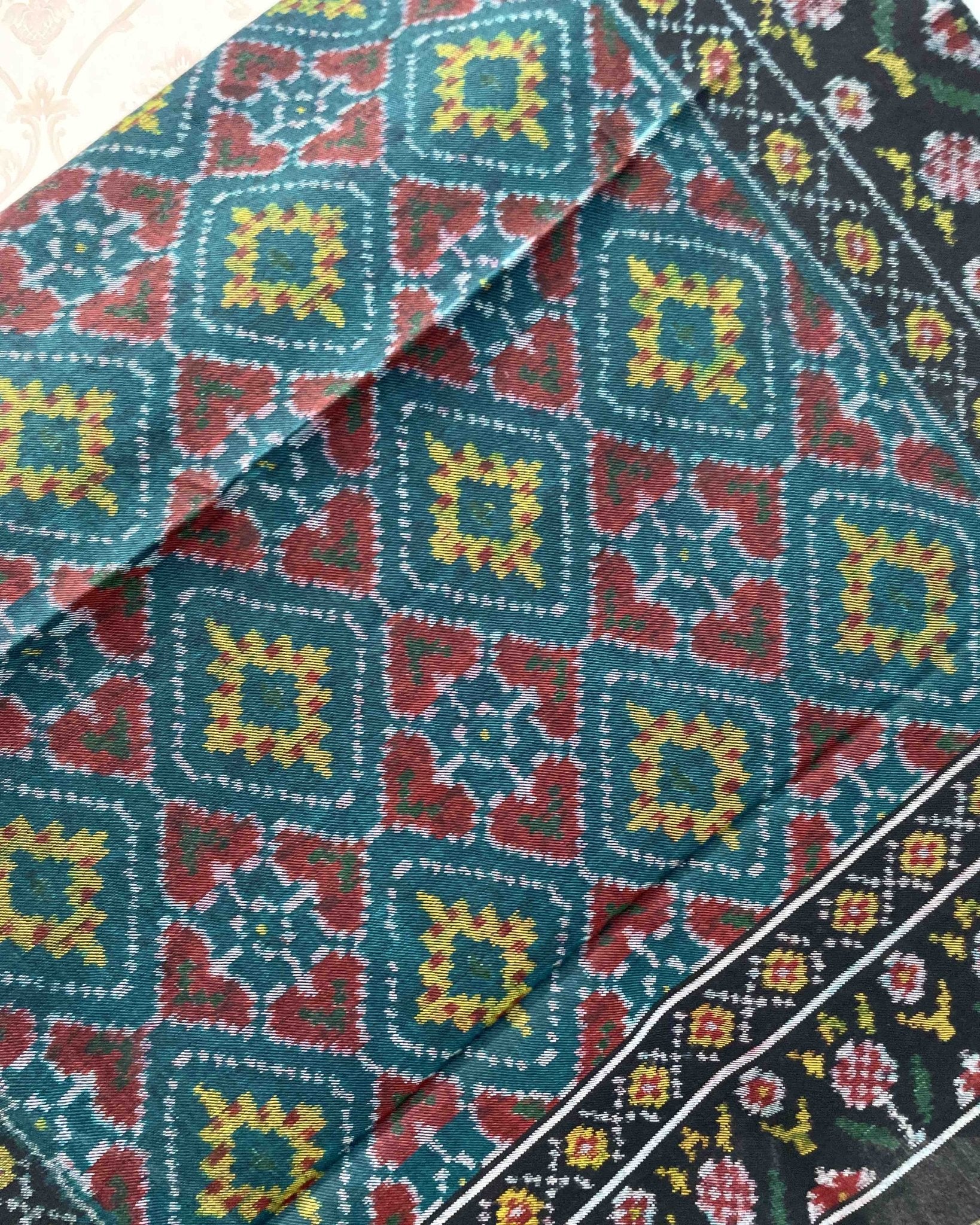 Black & Turquoise Panchanda Patola Shawl - SindhoiPatolaArt