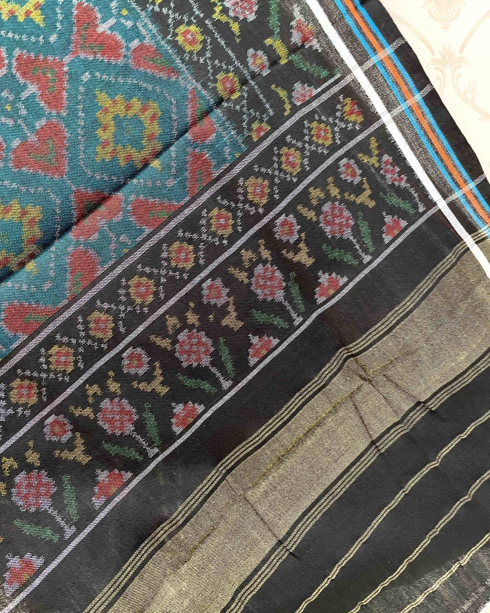 Black & Turquoise Panchanda Patola Shawl - SindhoiPatolaArt