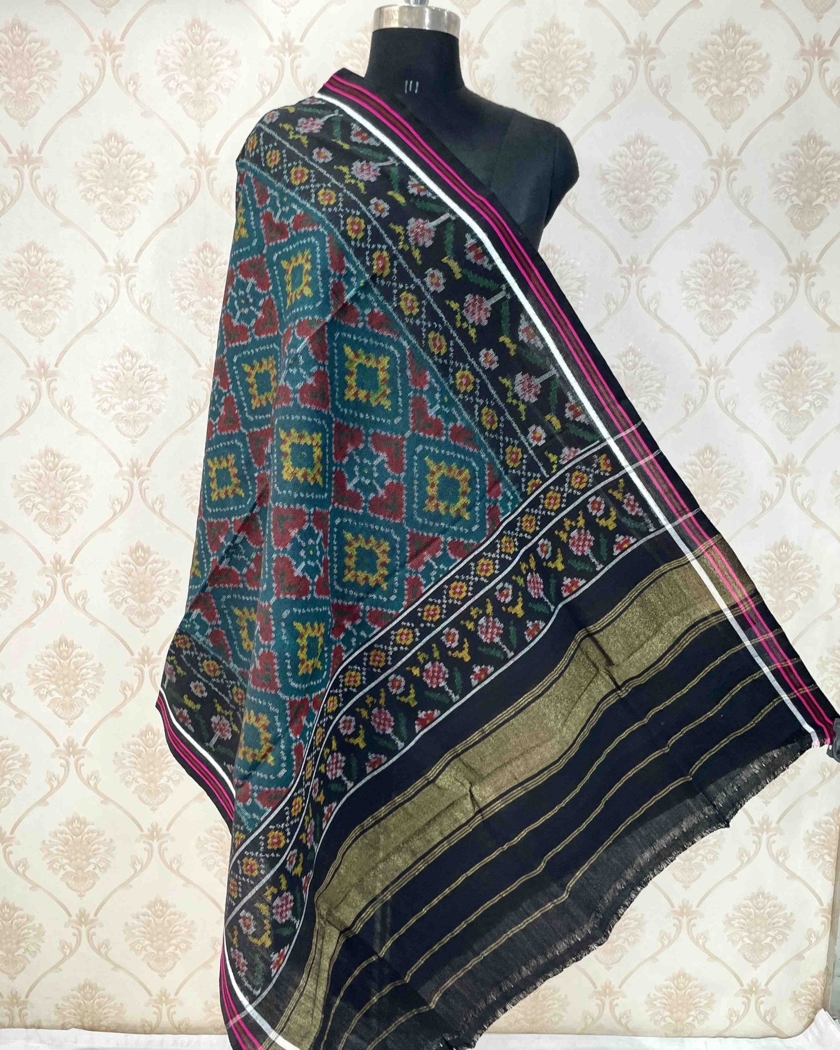 Black & Turquoise Panchanda Patola Shawl - SindhoiPatolaArt