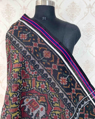 Black & Yellow With Maroon Elephant Manekchowk Patola Shawl - SindhoiPatolaArt
