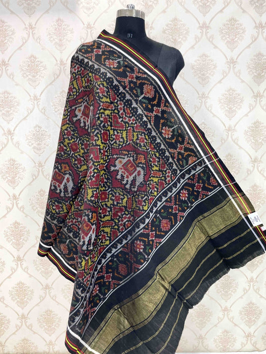 Black & Yellow With Maroon Elephant Manekchowk Patola Shawl - SindhoiPatolaArt