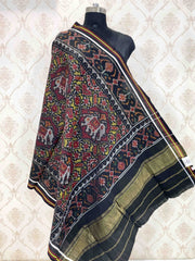 Black & Yellow With Maroon Elephant Manekchowk Patola Shawl - SindhoiPatolaArt