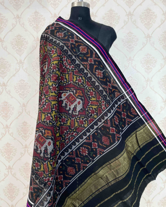 Black & Yellow With Maroon Elephant Manekchowk Patola Shawl - SindhoiPatolaArt