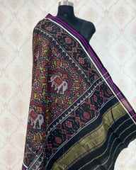 Black & Yellow With Maroon Elephant Manekchowk Patola Shawl - SindhoiPatolaArt