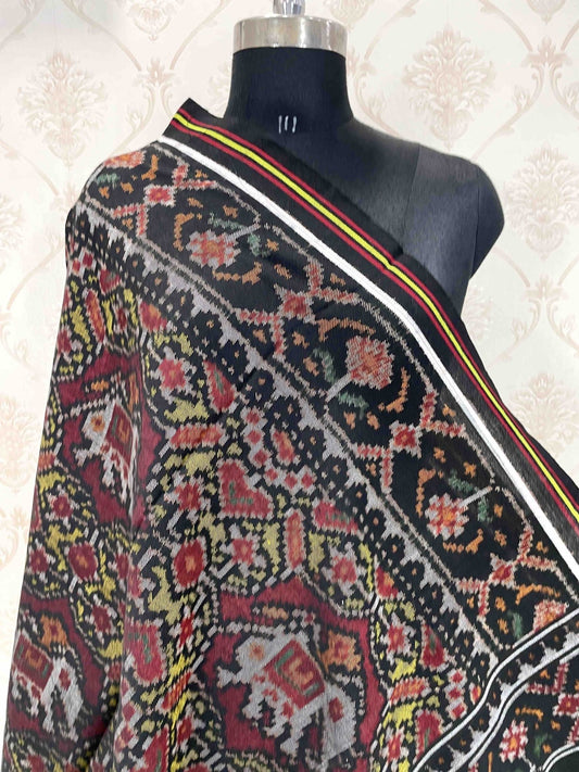 Black & Yellow With Maroon Elephant Manekchowk Patola Shawl - SindhoiPatolaArt