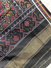 Black & Yellow With Maroon Elephant Manekchowk Patola Shawl - SindhoiPatolaArt