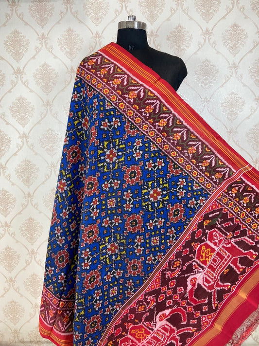 Blue and red navratna design patola dupatta - SindhoiPatolaArt