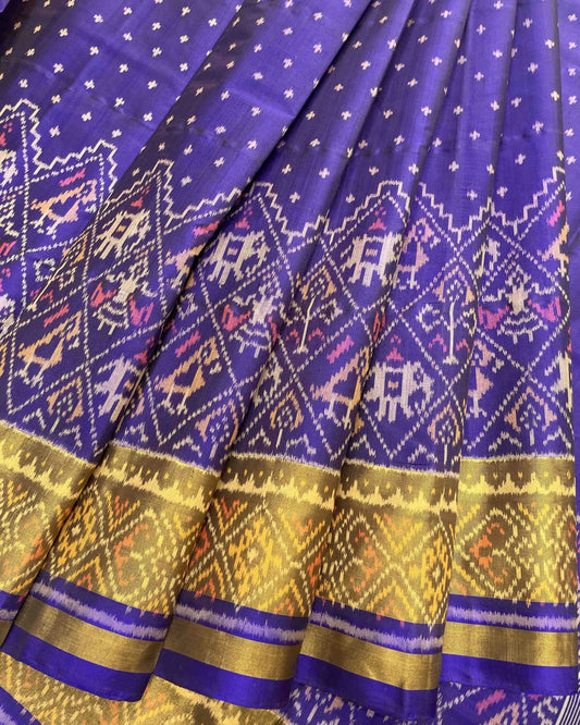 Blue Dot With Narikunj Scut Boarder Designer Patola Saree - SindhoiPatolaArt