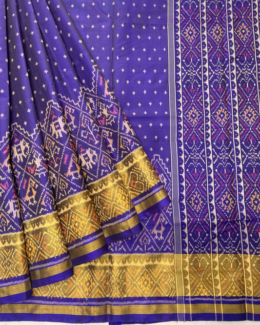 Blue Dot With Narikunj Scut Boarder Designer Patola Saree - SindhoiPatolaArt