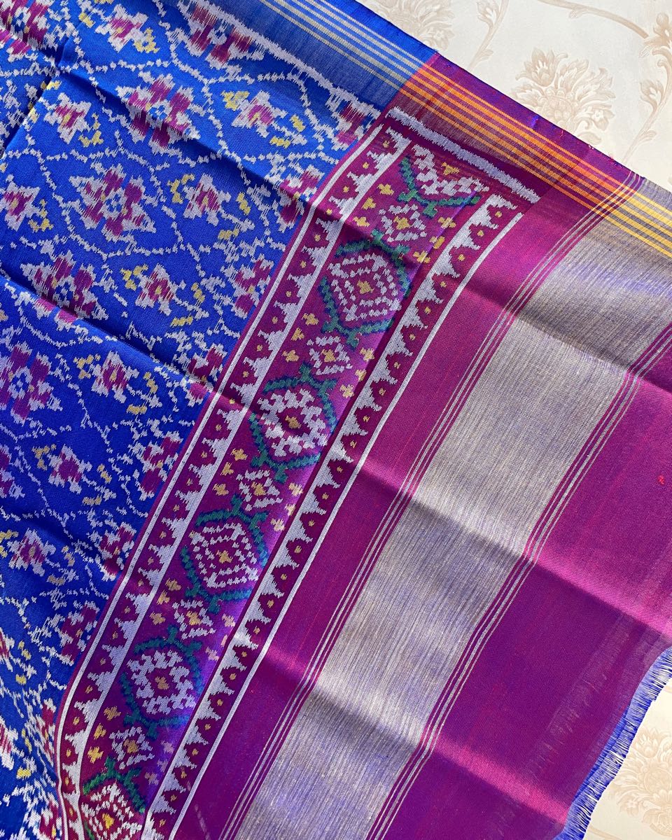 Blue Flower Designer Patola Dupatta - SindhoiPatolaArt