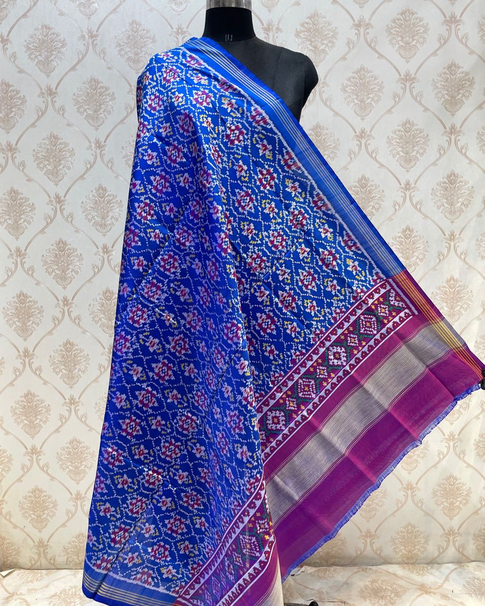 Blue Flower Designer Patola Dupatta - SindhoiPatolaArt