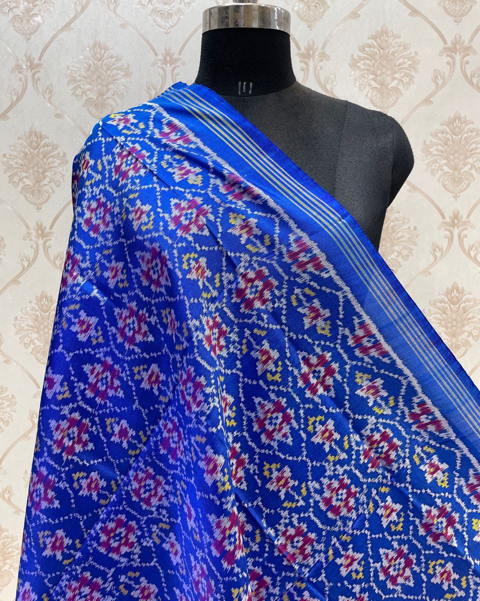 Blue Flower Designer Patola Dupatta - SindhoiPatolaArt