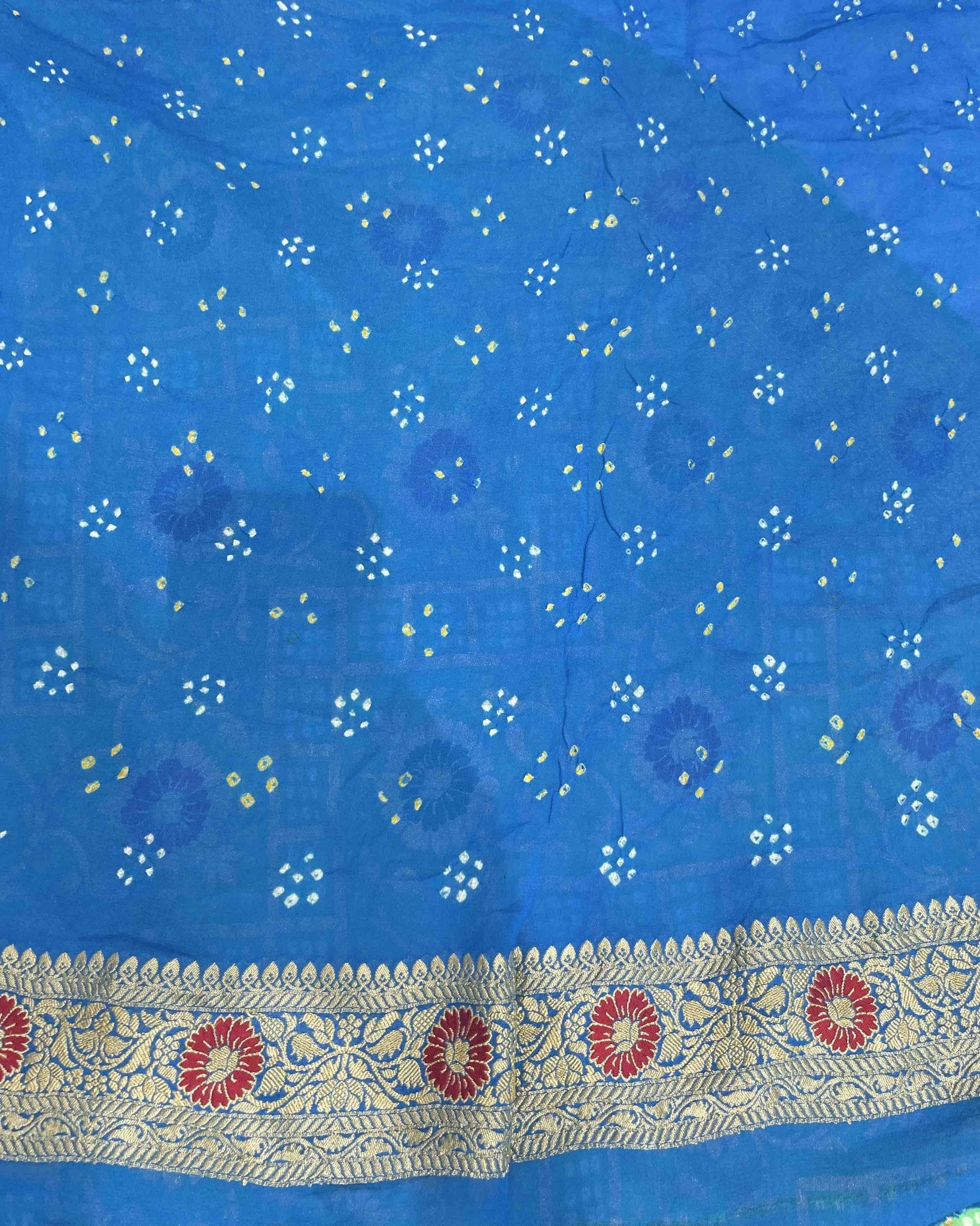 Blue & Green Bandhani Saree - SindhoiPatolaArt