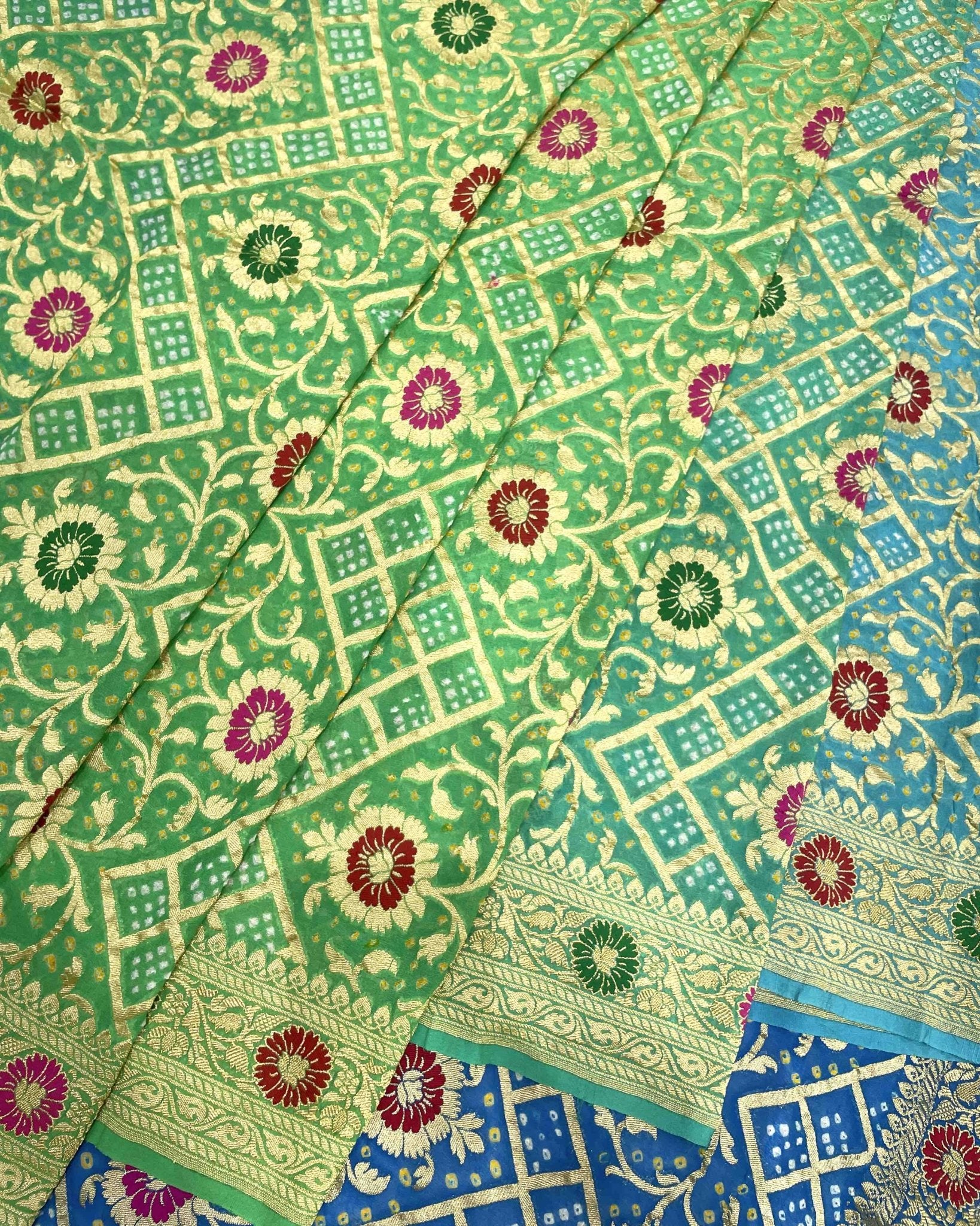 Blue & Green Bandhani Saree - SindhoiPatolaArt
