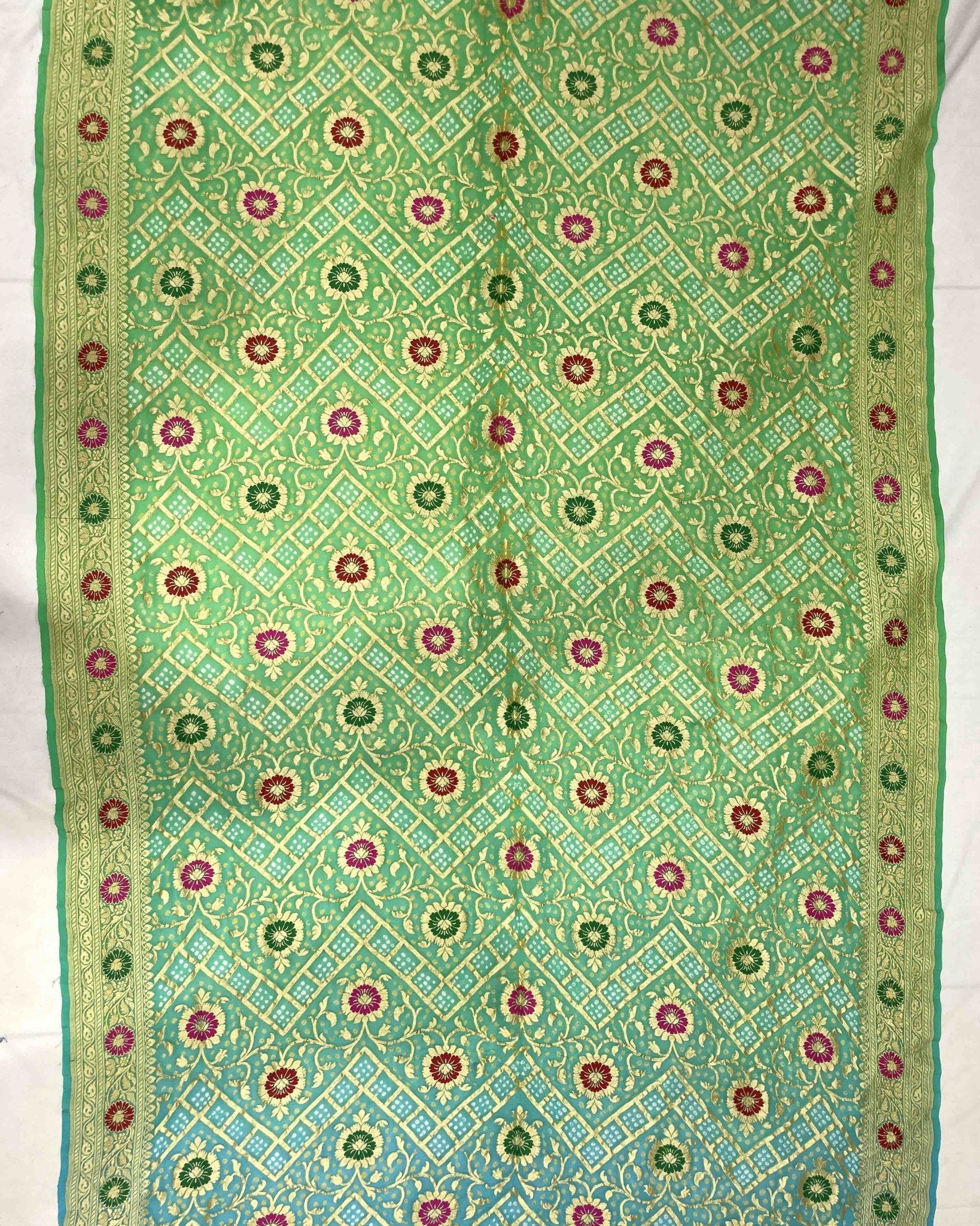 Blue & Green Bandhani Saree - SindhoiPatolaArt