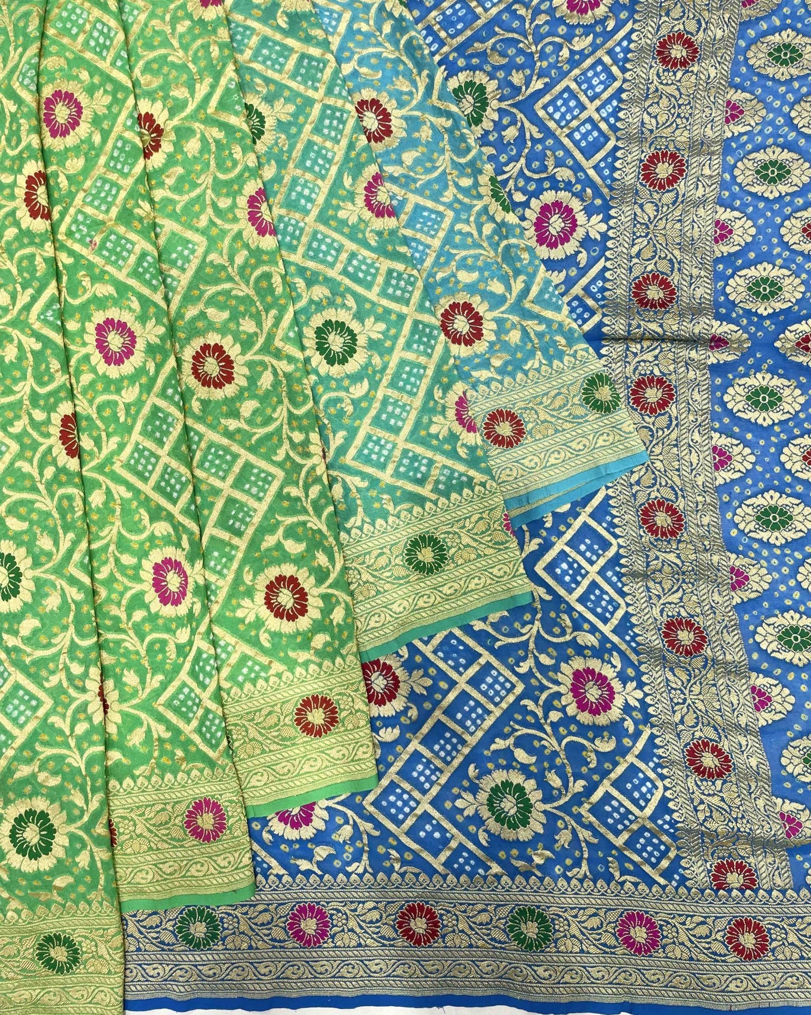 Blue & Green Bandhani Saree - SindhoiPatolaArt