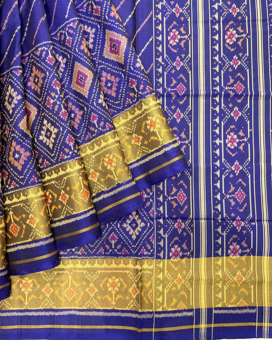 Blue Lining Panchanda Scut Border Designer Patola Saree - SindhoiPatolaArt