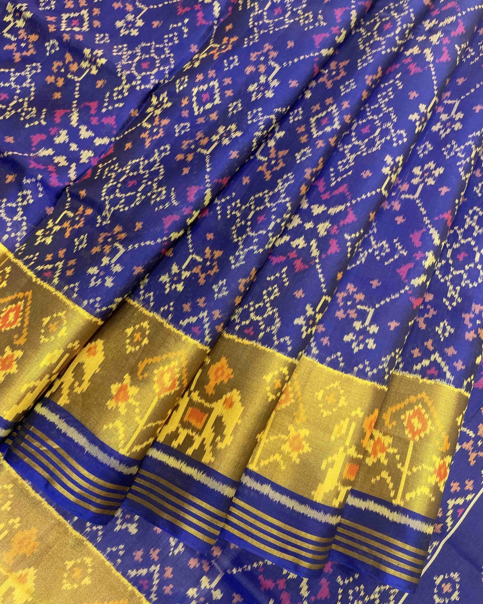 Blue Navratan With Elephant Pallu Designer Patola Saree - SindhoiPatolaArt