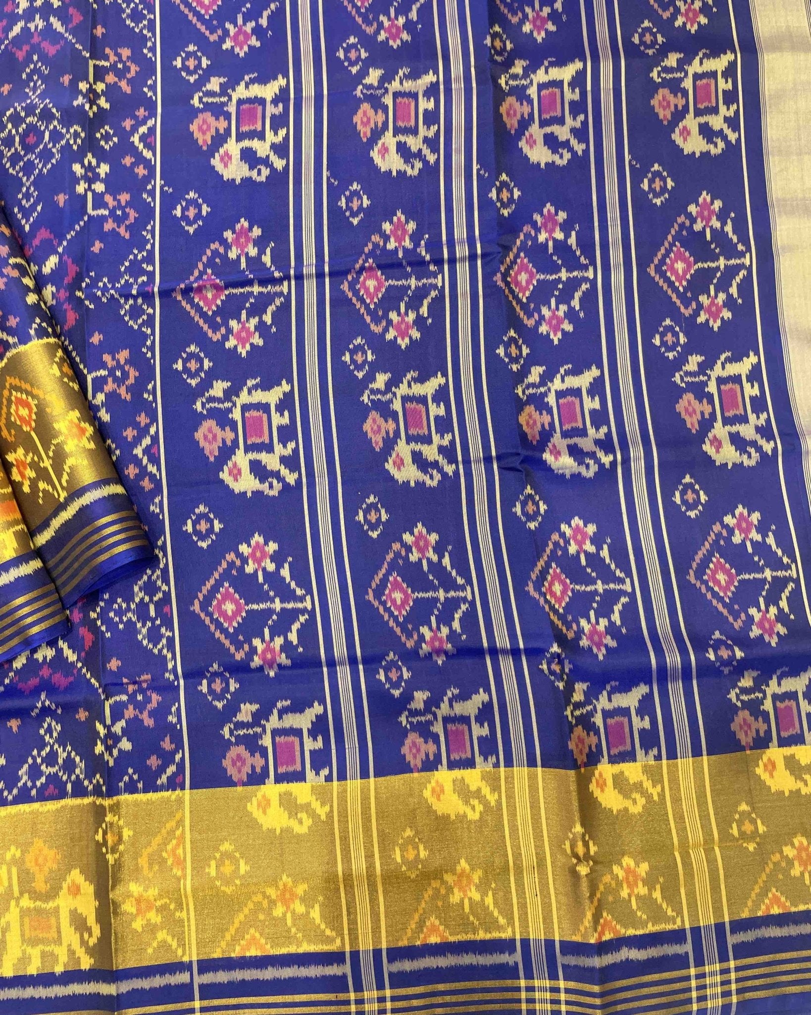 Blue Navratan With Elephant Pallu Designer Patola Saree - SindhoiPatolaArt