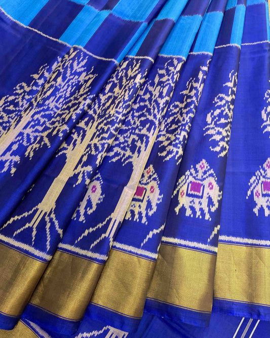 Blue Square With Elephant & Tree Scut Border Designer Patola Saree - SindhoiPatolaArt