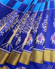 Blue Square With Elephant & Tree Scut Border Designer Patola Saree - SindhoiPatolaArt