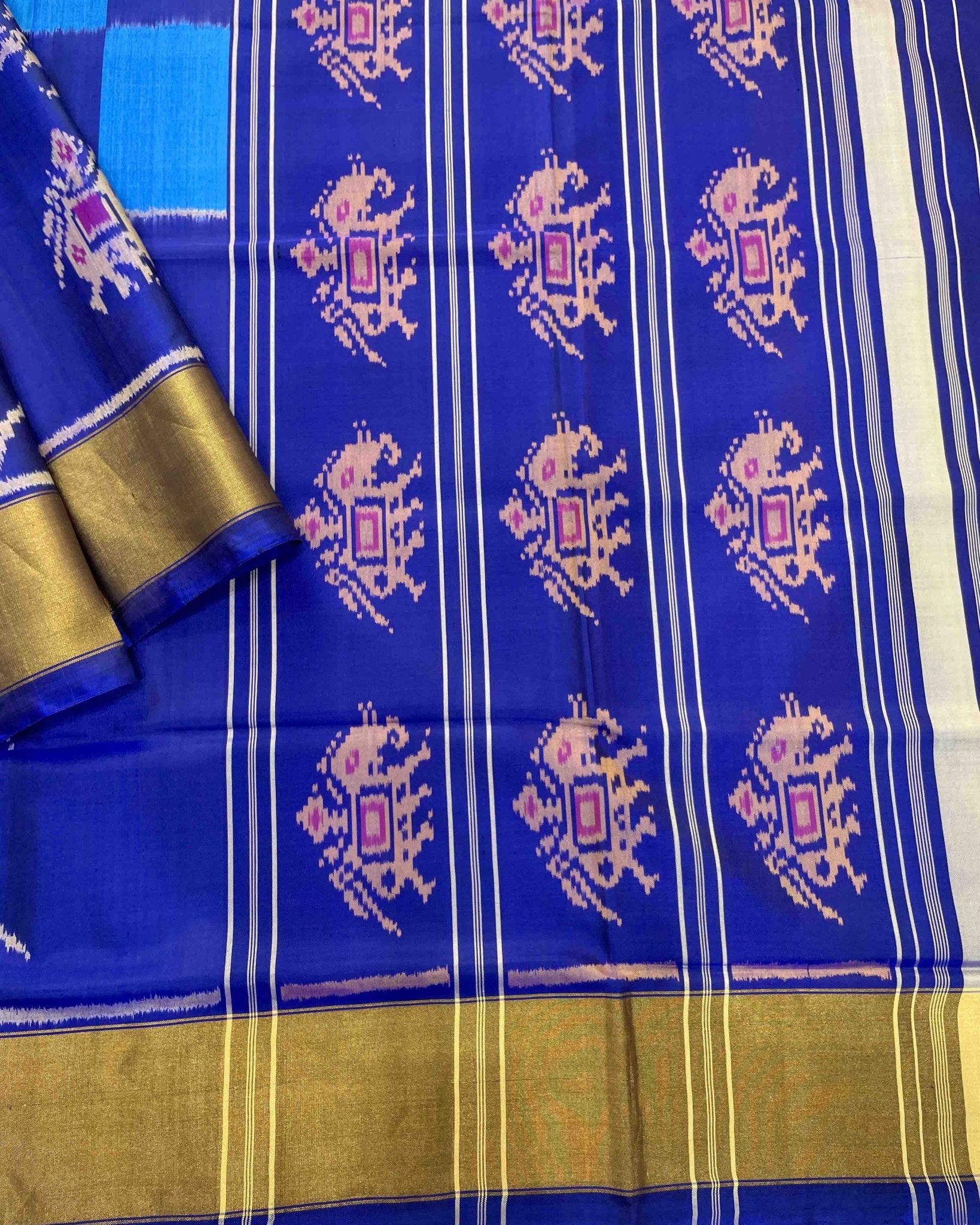 Blue Square With Elephant & Tree Scut Border Designer Patola Saree - SindhoiPatolaArt