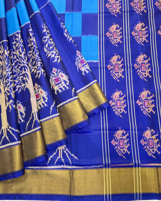 Blue Square With Elephant & Tree Scut Border Designer Patola Saree - SindhoiPatolaArt