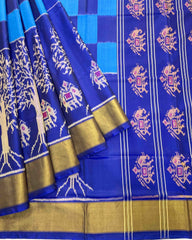 Blue Square With Elephant & Tree Scut Border Designer Patola Saree - SindhoiPatolaArt