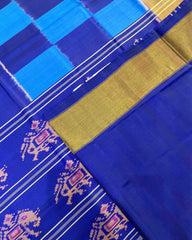 Blue Square With Elephant & Tree Scut Border Designer Patola Saree - SindhoiPatolaArt