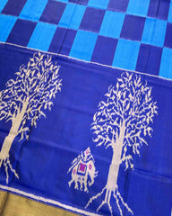Blue Square With Elephant & Tree Scut Border Designer Patola Saree - SindhoiPatolaArt