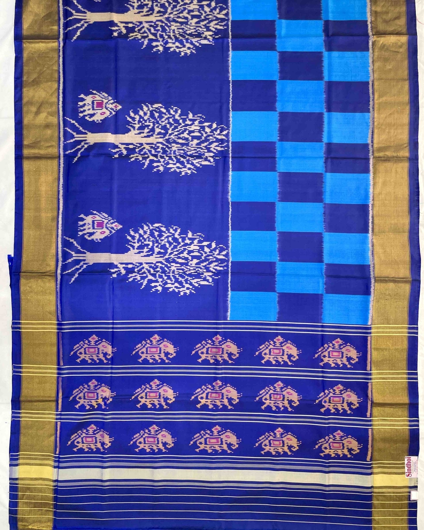 Blue Square With Elephant & Tree Scut Border Designer Patola Saree - SindhoiPatolaArt