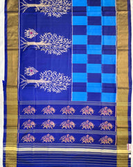 Blue Square With Elephant & Tree Scut Border Designer Patola Saree - SindhoiPatolaArt