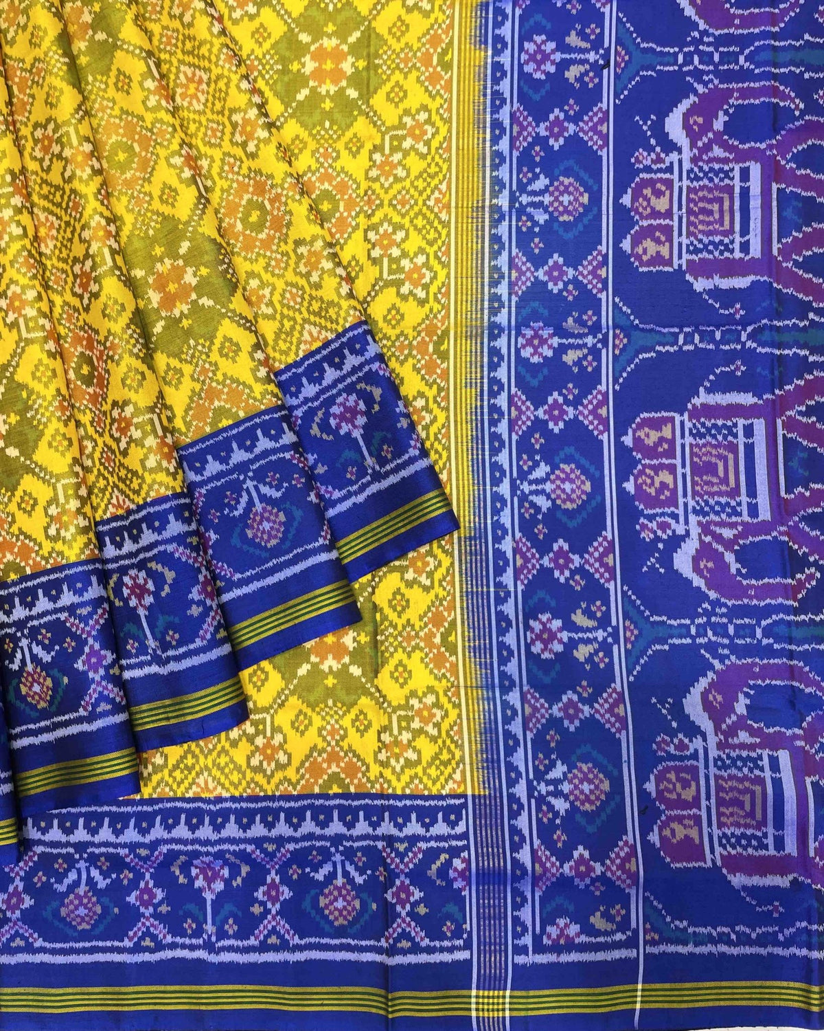 Blue & Yellow Navratan With Elephant Pallu Designer Patola Saree - SindhoiPatolaArt