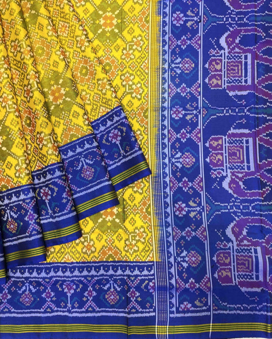 Blue & Yellow Navratan With Elephant Pallu Designer Patola Saree - SindhoiPatolaArt