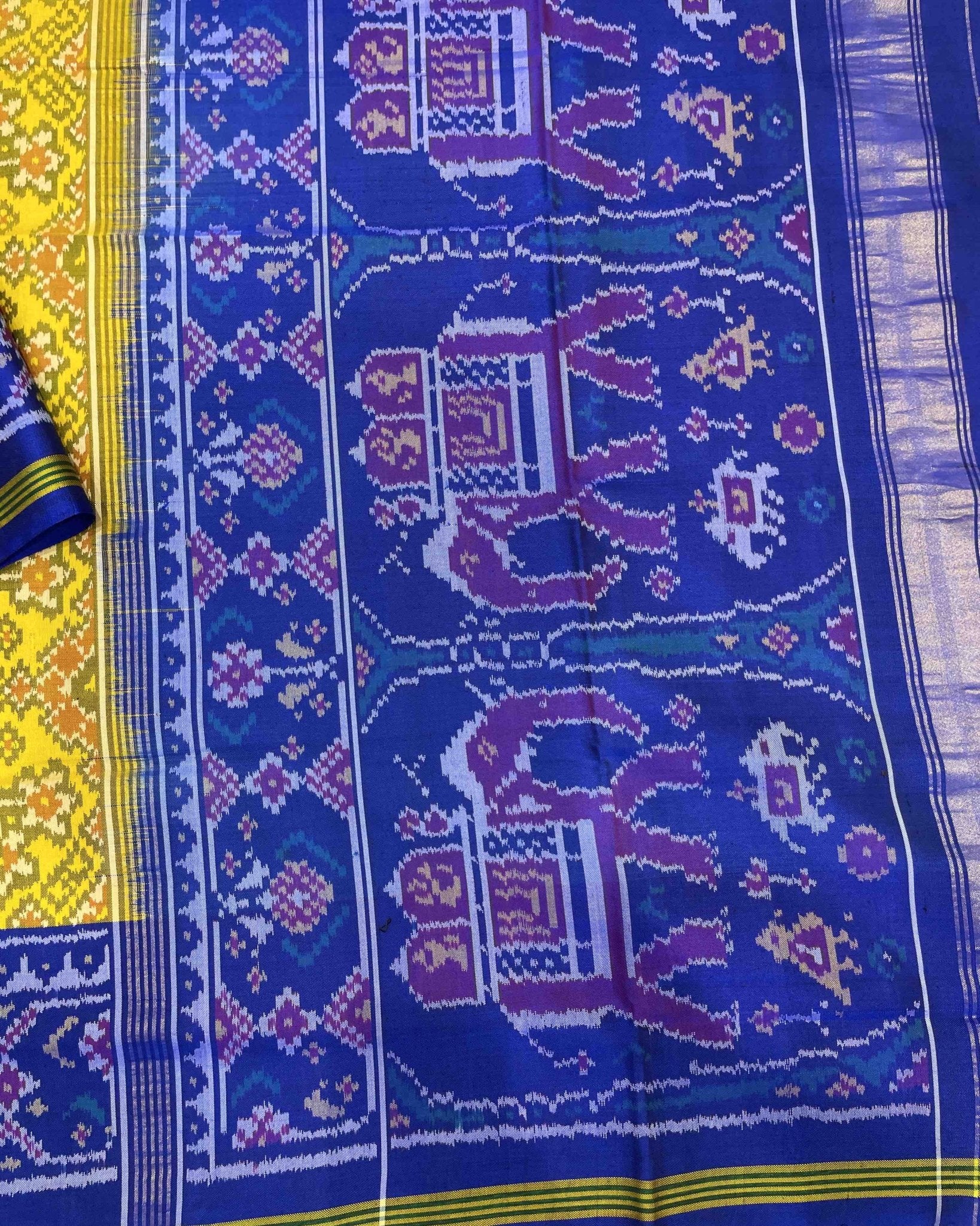 Blue & Yellow Navratan With Elephant Pallu Designer Patola Saree - SindhoiPatolaArt