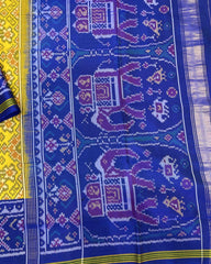 Blue & Yellow Navratan With Elephant Pallu Designer Patola Saree - SindhoiPatolaArt