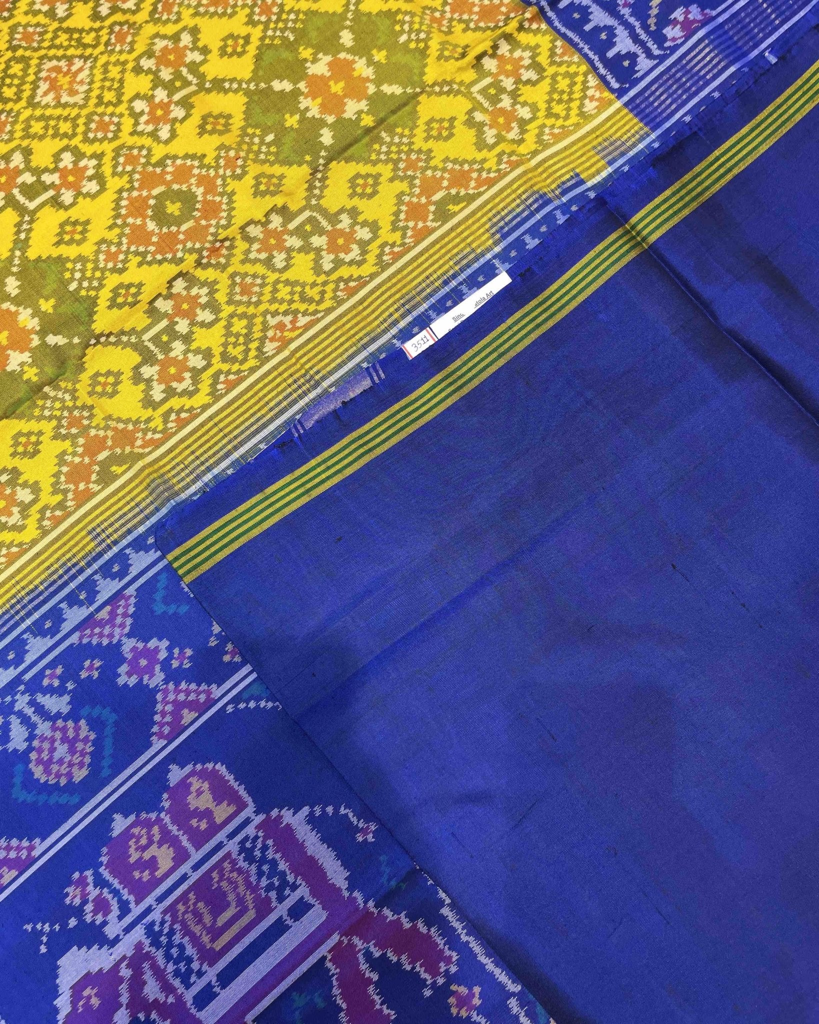 Blue & Yellow Navratan With Elephant Pallu Designer Patola Saree - SindhoiPatolaArt