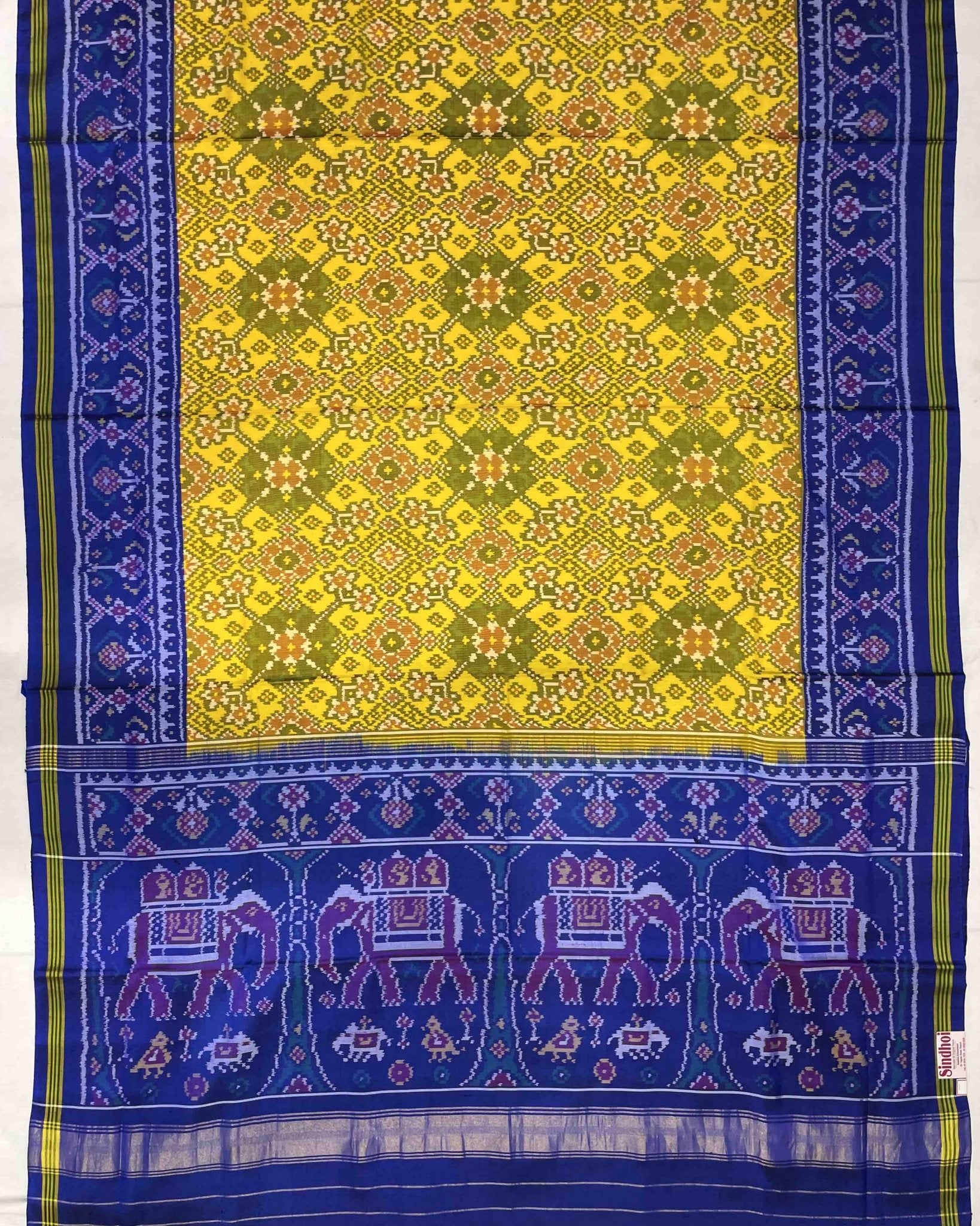Blue & Yellow Navratan With Elephant Pallu Designer Patola Saree - SindhoiPatolaArt