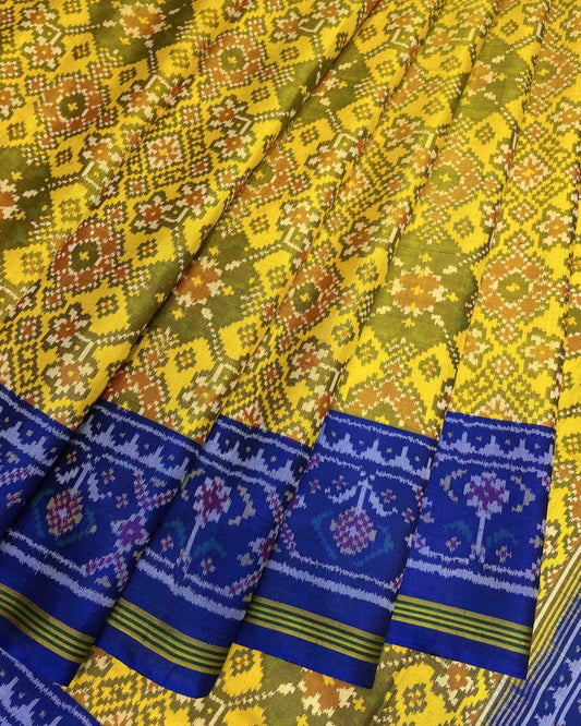 Blue & Yellow Navratan With Elephant Pallu Designer Patola Saree - SindhoiPatolaArt