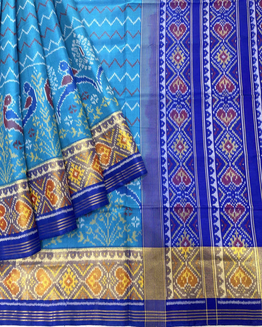 Blue Zigzag with Parrot Scut Border Designer Patola Saree - SindhoiPatolaArt