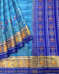 Blue Zigzag with Parrot Scut Border Designer Patola Saree - SindhoiPatolaArt