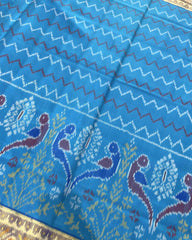 Blue Zigzag with Parrot Scut Border Designer Patola Saree - SindhoiPatolaArt