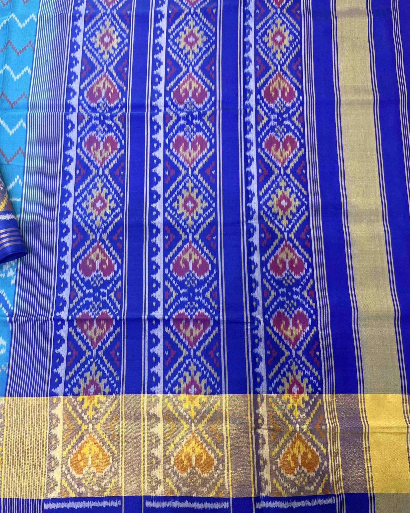 Blue Zigzag with Parrot Scut Border Designer Patola Saree - SindhoiPatolaArt