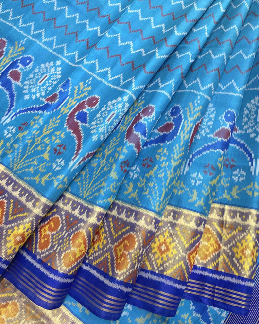 Blue Zigzag with Parrot Scut Border Designer Patola Saree - SindhoiPatolaArt