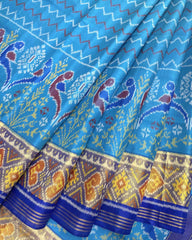 Blue Zigzag with Parrot Scut Border Designer Patola Saree - SindhoiPatolaArt