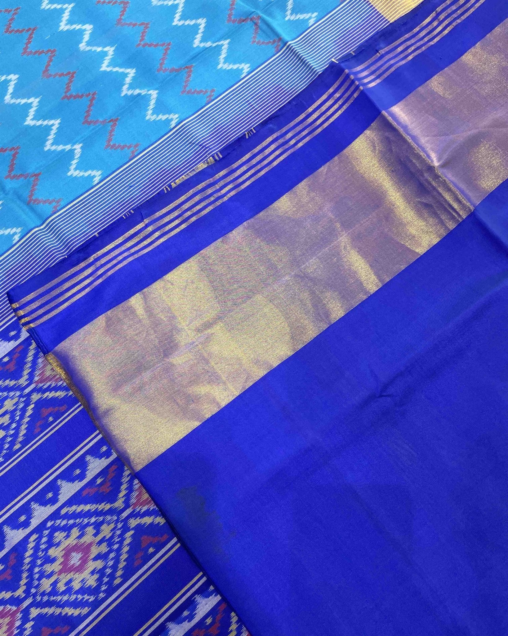 Blue Zigzag with Parrot Scut Border Designer Patola Saree - SindhoiPatolaArt
