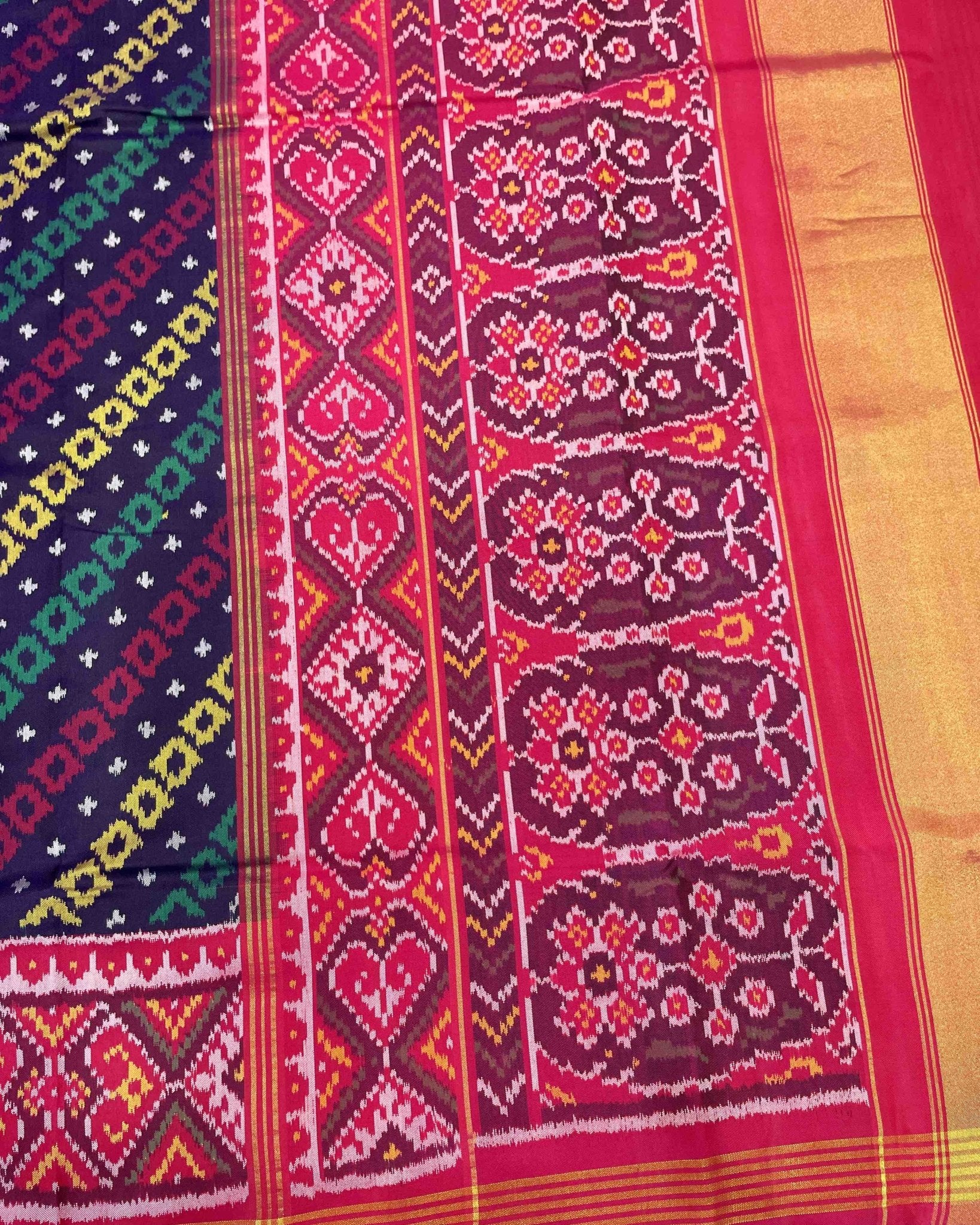 Crimson Red & Navy Blue Square Leheriya Designer Patola Saree - SindhoiPatolaArt