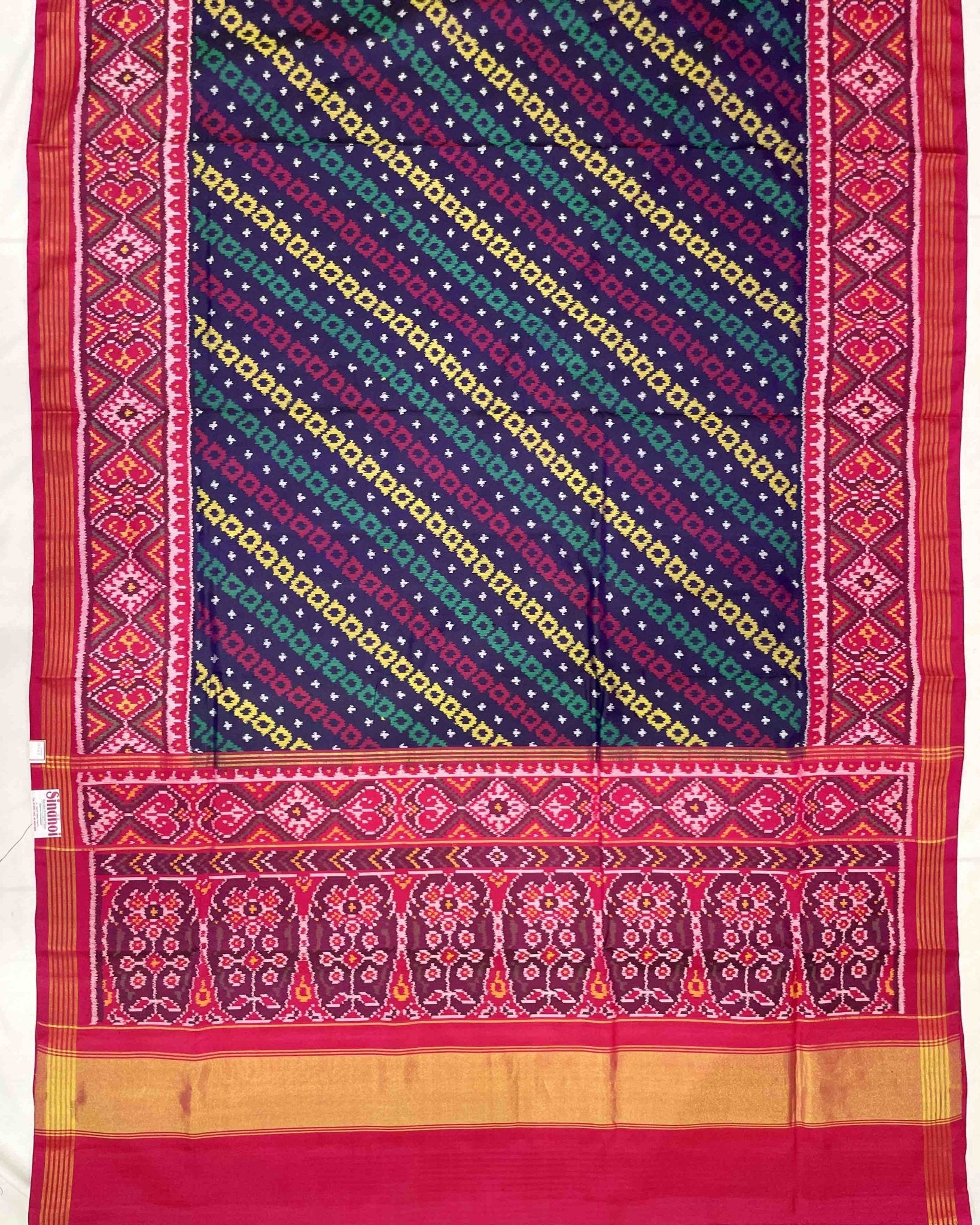 Crimson Red & Navy Blue Square Leheriya Designer Patola Saree - SindhoiPatolaArt