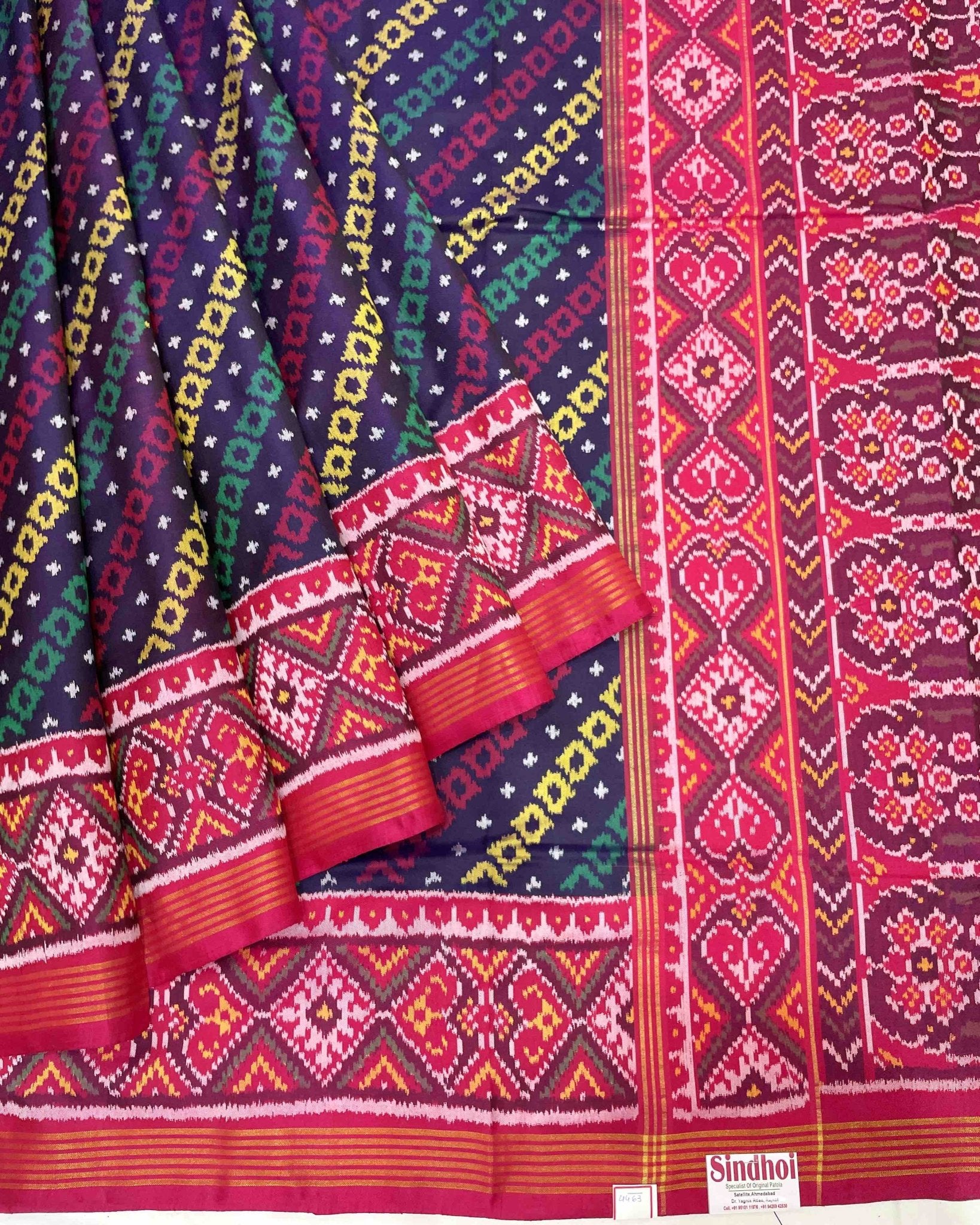 Crimson Red & Navy Blue Square Leheriya Designer Patola Saree - SindhoiPatolaArt